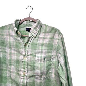 Polo Ralph Lauren Linen Button Up Shirt Large Green White Plaid Outdoors‎ Preppy
